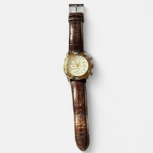 GUESS Men Chronograph Watch Brown Gold Tone Leather Strap Silver Dial Tachymeter